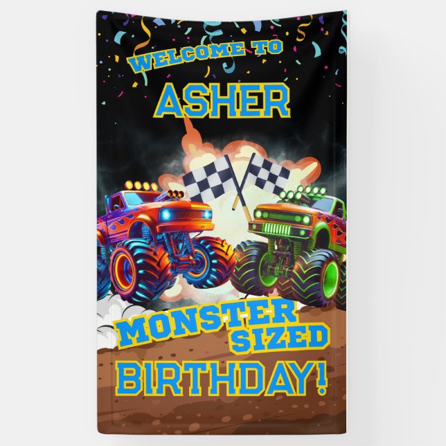 Banderoles Cool sur mesure Monster Truck Boys Anniversaire (Vertical)