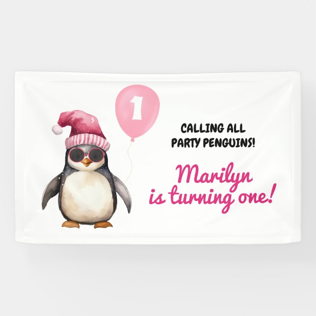 Banderoles Cool Winter Pink Penguin First Birthday Girl (Horizontal)