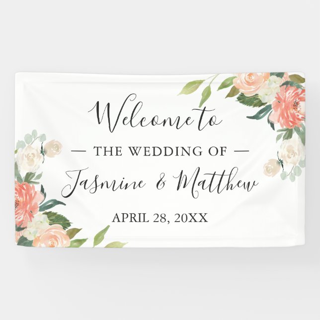 Banderoles Coral Peach Floral Mariage Fête (Horizontal)