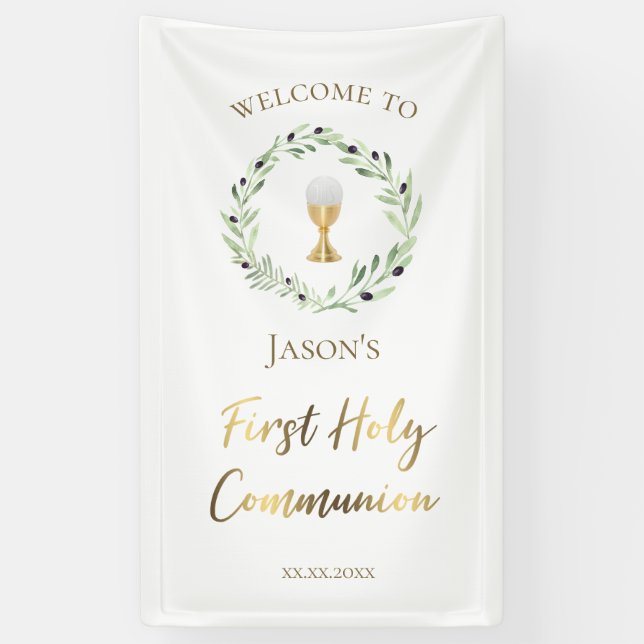 Banderoles couronne d'olivier de la première communion cathol (Vertical)
