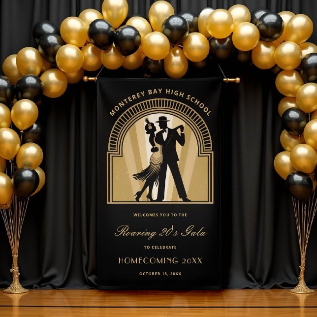 Banderoles Cours Art déco des années 20 - Homecoming School G (homecoming prom school event banner roaring 20s gatsby flapper dancing black gold)