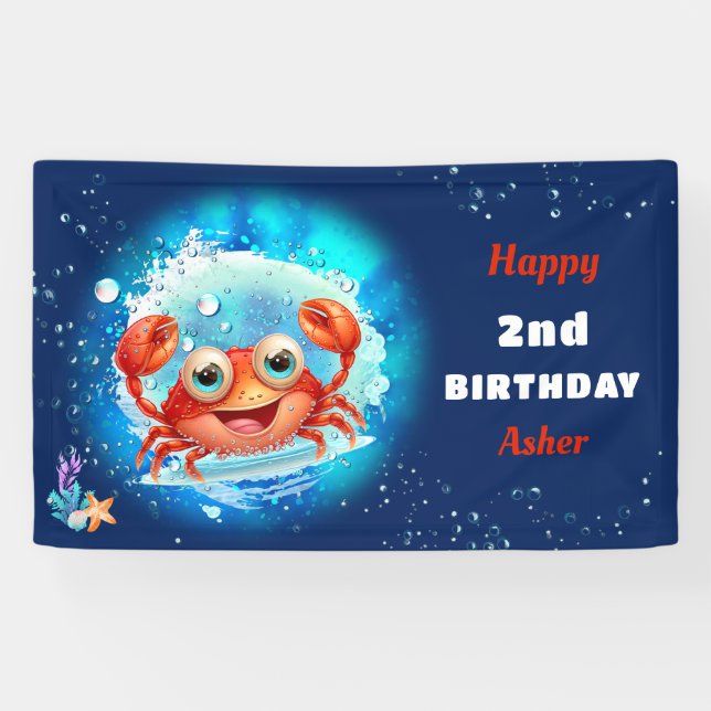 Banderoles Crab Navy Blue Boy Pool Party Été 2 Anniversaire (Horizontal)