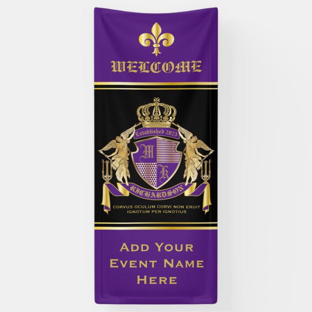 Banderoles Créez votre blason d'armoiries d'or mauve Emblème (Vertical)