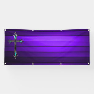 Banderoles croix bleue Planche violette Église blanche longue