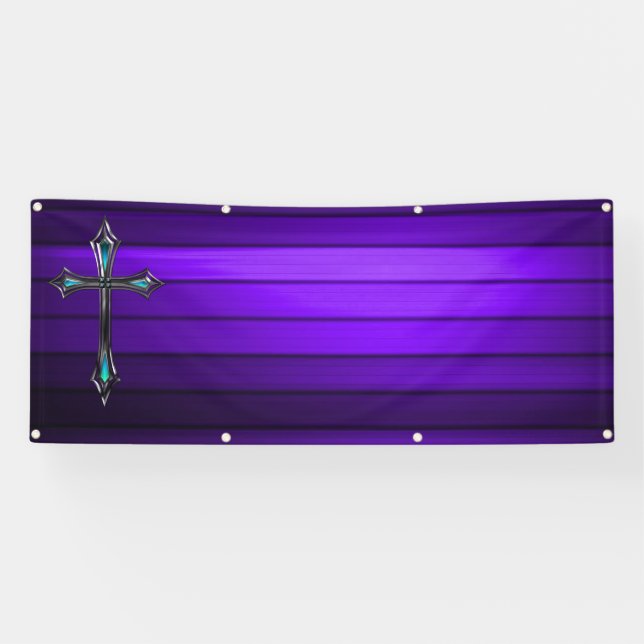 Banderoles croix bleue Planche violette Église blanche longue (Horizontal)