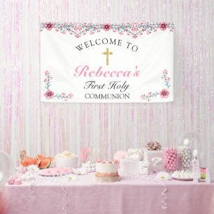 Banderoles Croix d'or rose Floral Première communion Bienvenu