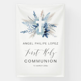 Banderoles croix florale bleue première communion