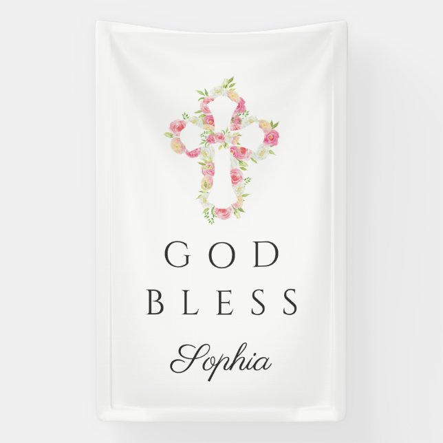 Banderoles Croix florale mignonne Religieuse Fille Dieu béni (Verticale)
