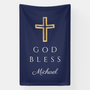 Banderoles Croix Religieuse Bleu Marine Garçon Dieu Vous Béni
