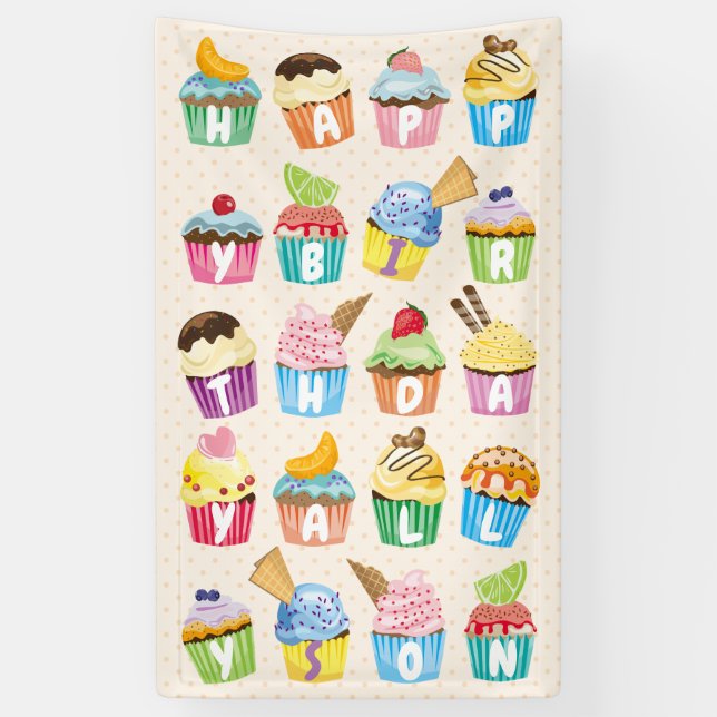 Banderoles Cupcakes Happy Birthday Ajouter Votre Nom Cute Goo (Vertical)