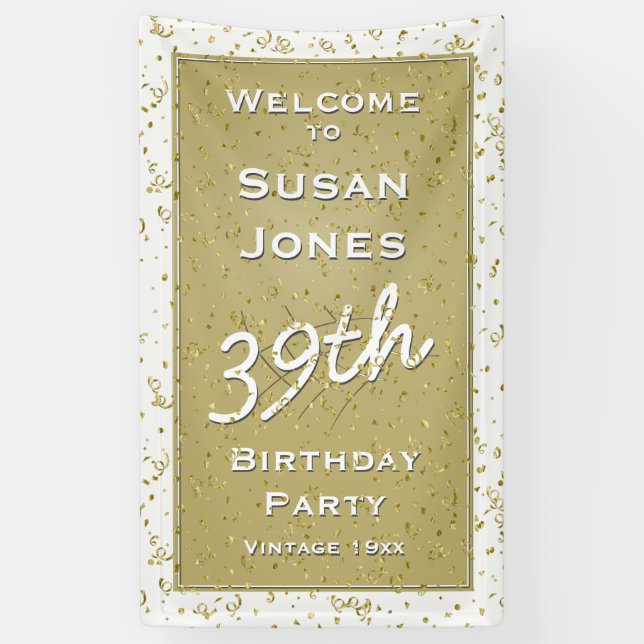 Banderoles Customisez l'âge d'anniversaire - blanc/or (Vertical)