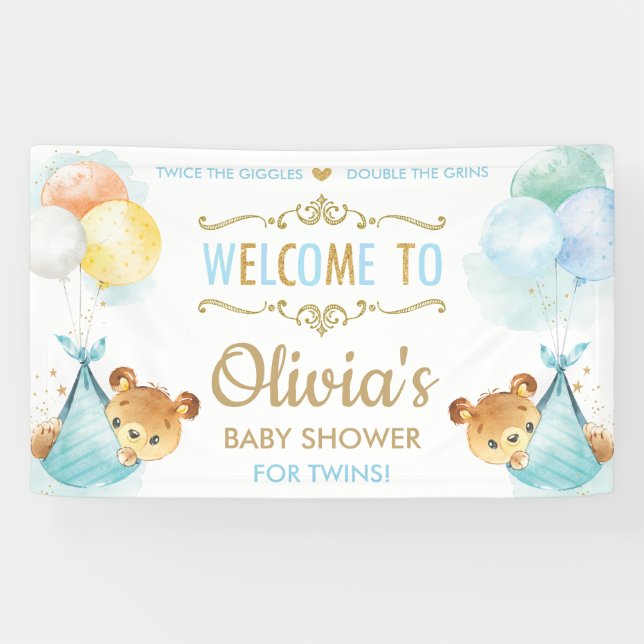 Banderoles Cute Bears Twins Boys Baby shower Bienvenue arrièr (Horizontal)