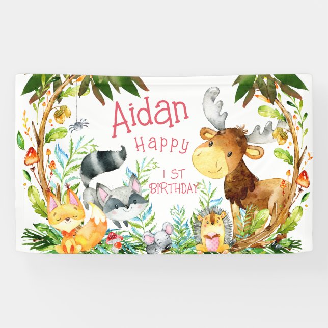 Banderoles Cute Forêt Boisée Animaux Aquarelle Anniversaire (Horizontal)