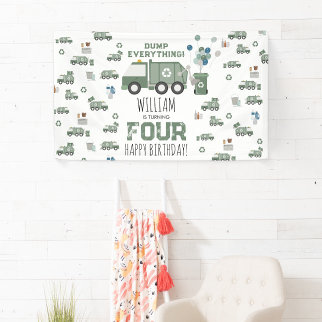 Banderoles Cute Green Recycling Camion Enfants Nom Âge Annive (En situation)