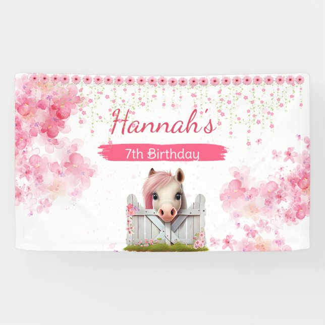 Banderoles Cute Horse Anniversaire Rose Floral Fête personnal (Horizontal)