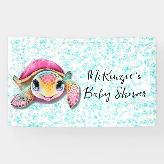 Banderoles Cute Hot Rose et Turquoise Turtle Girl Baby shower (Horizontal)