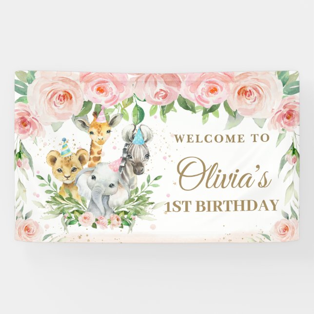 Banderoles Cute Jungle Animaux Safari Rose Floral fond (Horizontal)