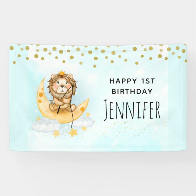 Banderoles Cute Lion Pêche sur la Lune Aquarelle Anniversaire (Horizontal)