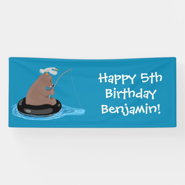 Banderoles Cute ourson ourson pêche anniversaire personnalisé (Horizontal)