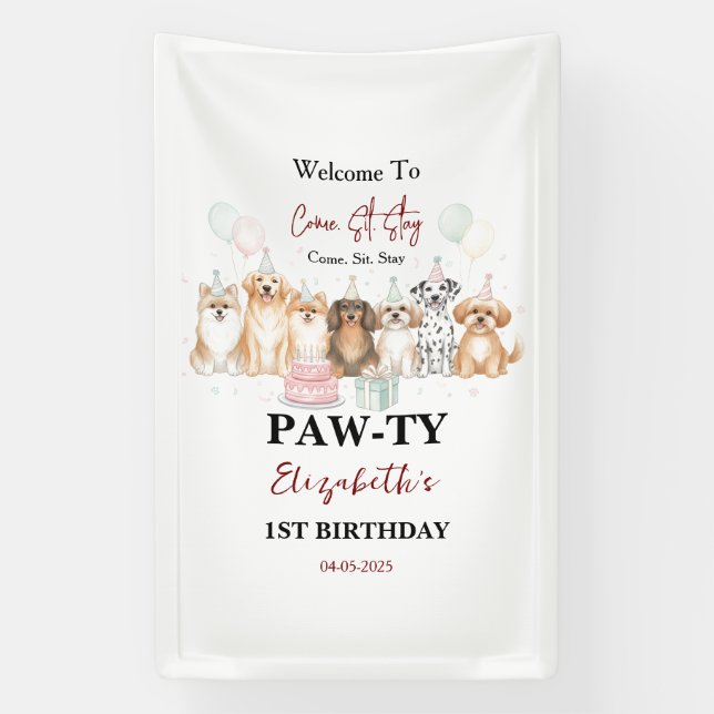 Banderoles Cute Puppy Dog Boy 1st Birthday | Pawty Time First (Verticale)
