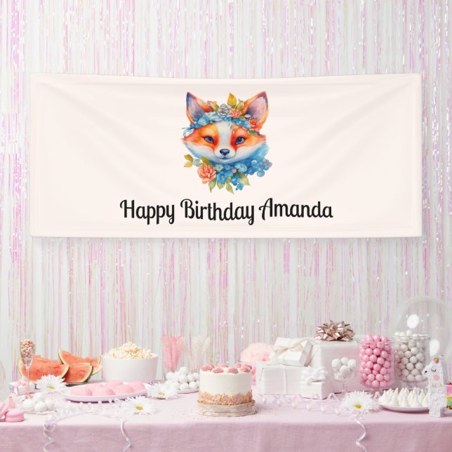 Banderoles Cute Renard orange avec Couronne florale Anniversa (Fête)