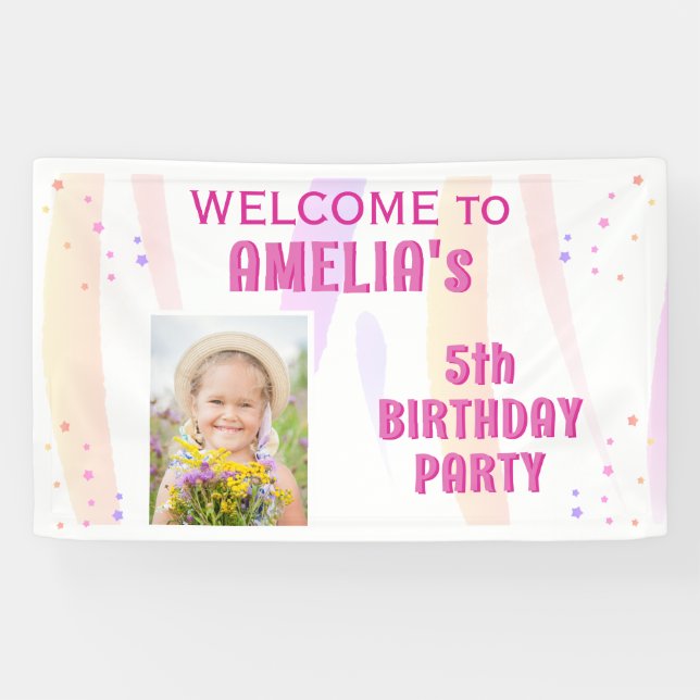 Banderoles Cute Rose Stars Girl Photo Anniversaire Bienvenue (Horizontal)