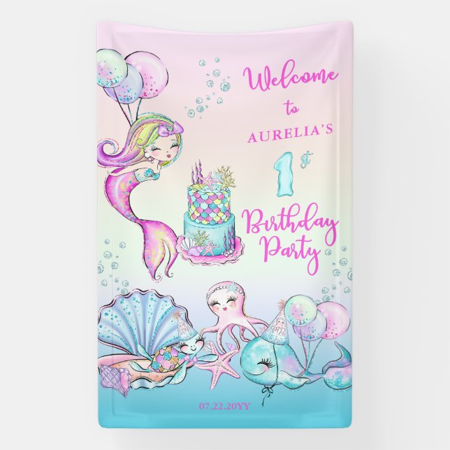 Banderoles Cute sirène | Sea Girl's 1st Birthday Party (Verticale)