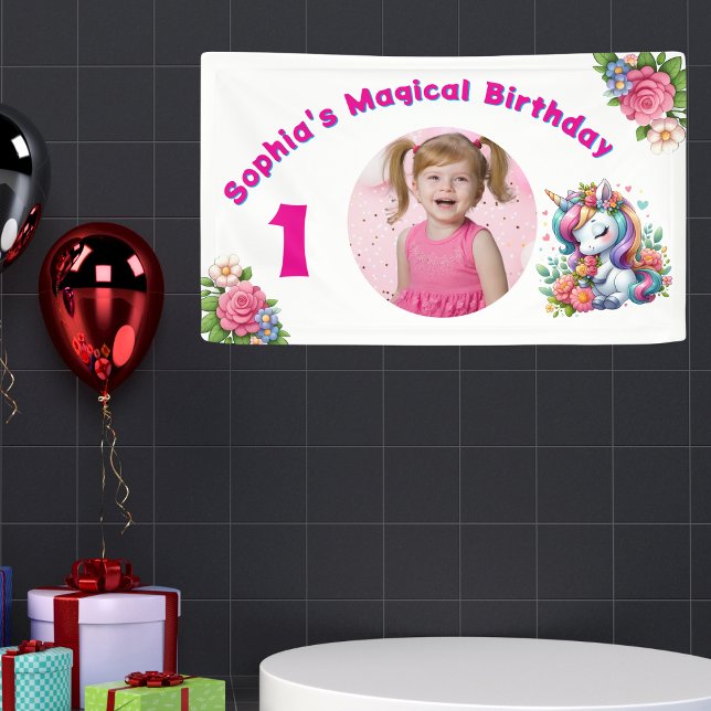 Banderoles Cute Whimsical Floral Unicorn Girly 1er anniversai (Créateur téléchargé)