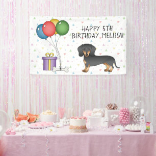 Banderoles Dachshund noir et feu à poil court Joyeux Annivers