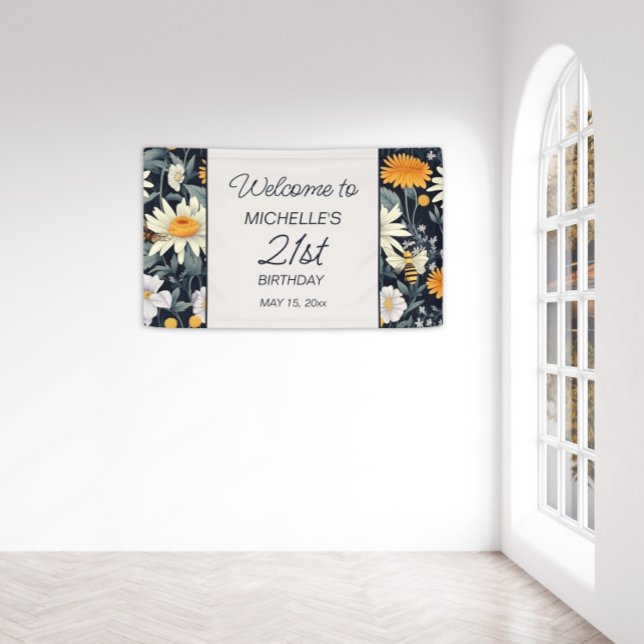 Banderoles Dandelions Daisies Marine Bleu 21e anniversaire Bi (Yellow dandelions and white daisies on navy blue 21st birthday welcome banner)