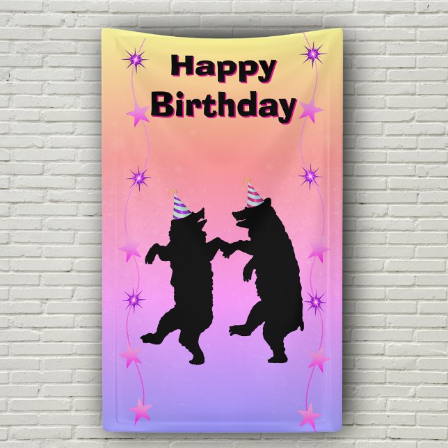 Banderoles Danse Ours Noirs Casquette Étoiles à cordes Annive (Dancing black bears in striped party hats pink stars on tri coloured Happy Birthday backdrop.)
