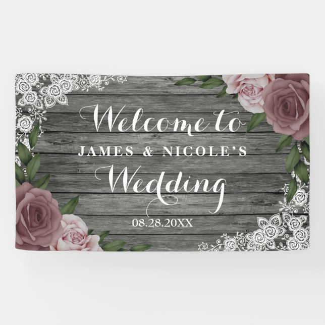 Banderoles Dentelle de bois rustique Mariage Floral rose gris (Horizontal)