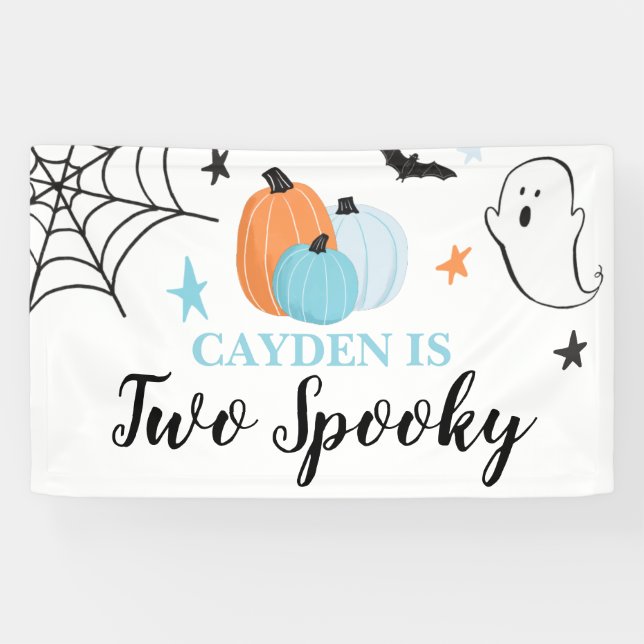 Banderoles Deux Éffrayants Halloween bleu citrouille 2e anniv (Horizontal)