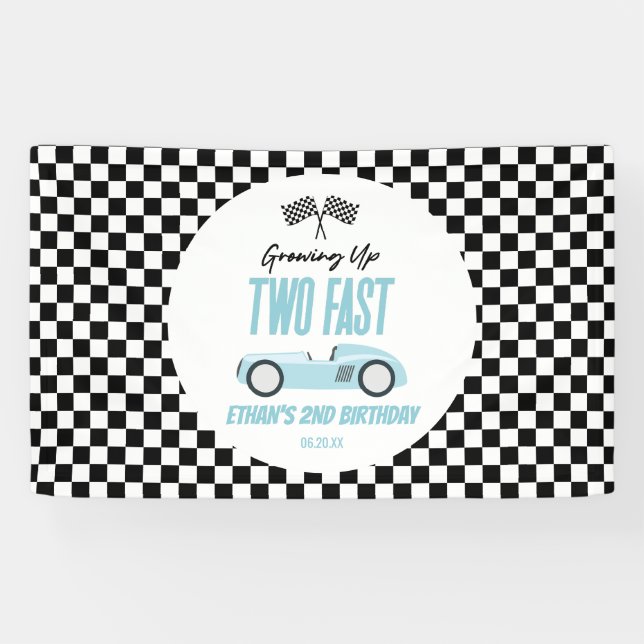 Banderoles Deux Fast Blue Race Car 2e fête d'anniversaire (Horizontal)