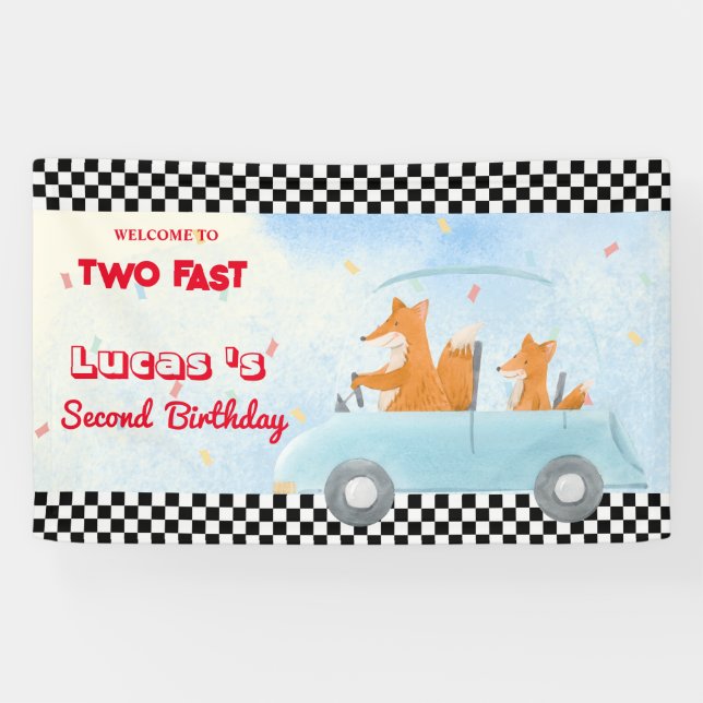 Banderoles Deux Fast Red Fox Race Car 2ème HBD Party (Horizontal)