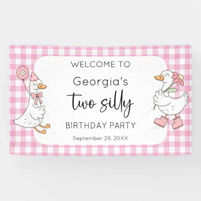 Banderoles Deux soyeux oie rose 2e anniversaire Bienvenue (Horizontal)