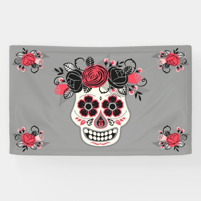 Banderoles Dia de los Muertos Crâne à sucre, gris (Horizontal)
