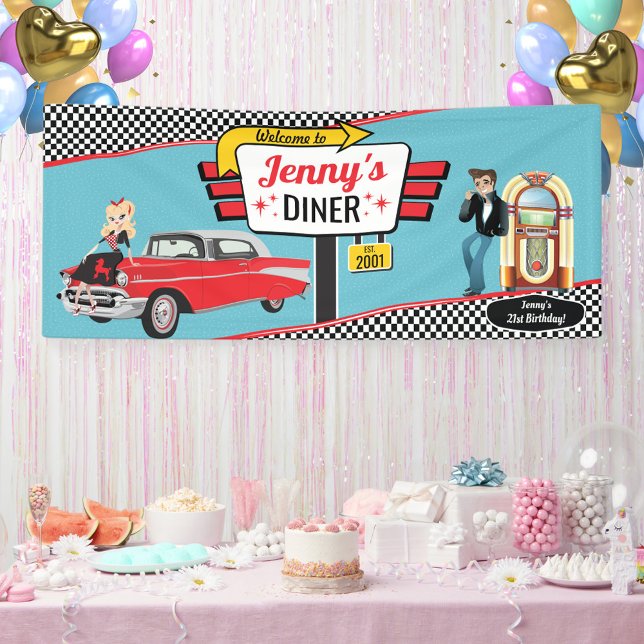Banderoles Diner Retro Voiture 1950 Fête Sock Hop Ban (diner birthday banner)