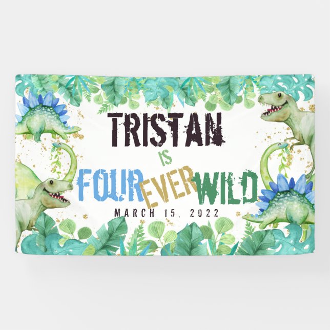 Banderoles Dinosaur Boy Four Ever Wild Birthday Banner (Horizontal)