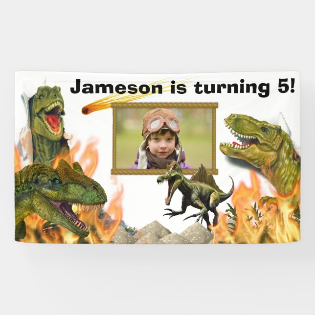 Banderoles Dinosaur rugir T-rex flammes meteor photo annivers (Horizontal)