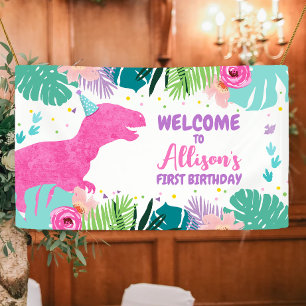 Banderoles Dinosaure fond T-Rex rose Dino fille Anniversaire