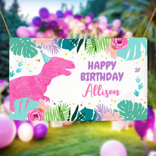 Banderoles Dinosaure fond T-Rex rose Dino fille Anniversaire