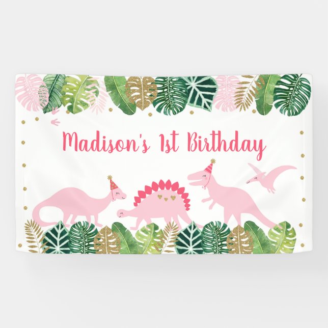 Banderoles Dinosaure rose et or Safari Anniversaire (Horizontal)