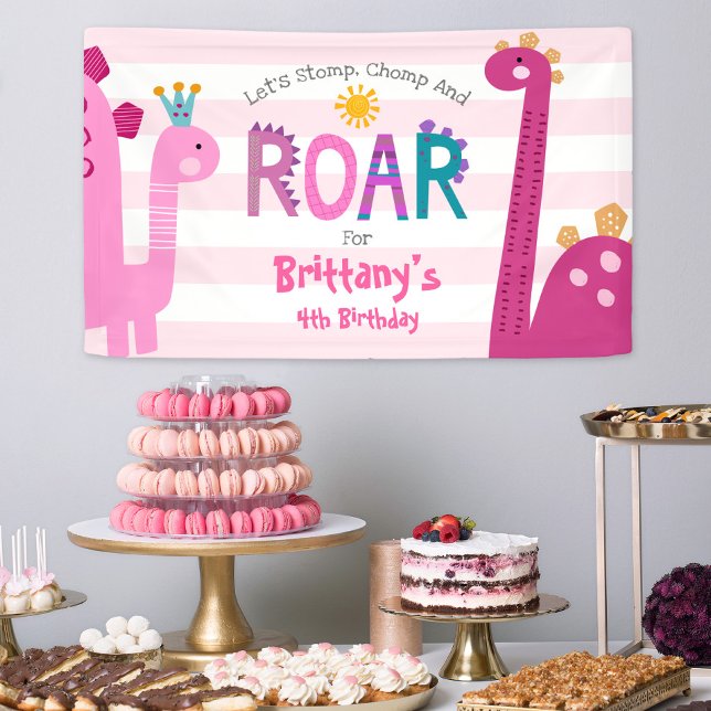 Banderoles Dinosaures roses mignons Stomp Chomp Roar Girl Ann (Créateur téléchargé)