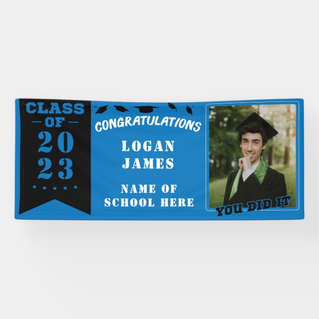 Banderoles diplôme customisé bleu 2023 avec nom & Photo (Horizontal)