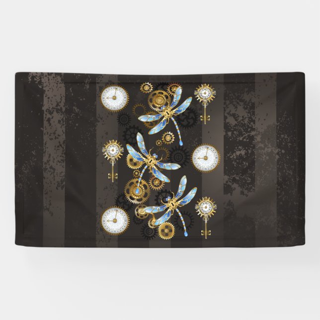 Banderoles Dragonflies de Steampunk sur arrière - plan rayé b (Horizontal)