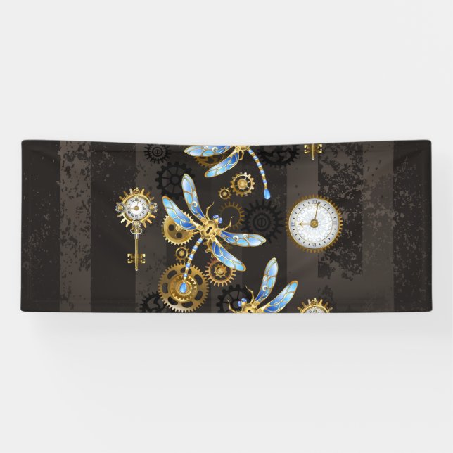 Banderoles Dragonflies de Steampunk sur arrière - plan rayé b (Horizontal)