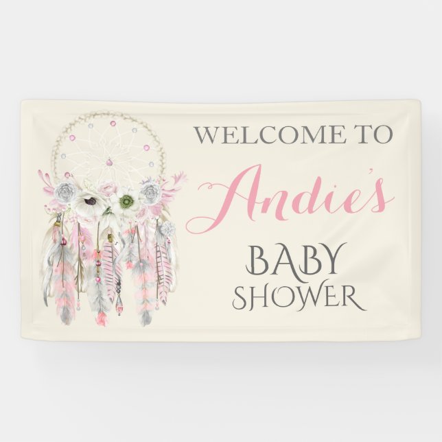 Banderoles Dream Catcher Gris rose Plumes d'ivoire (Horizontal)