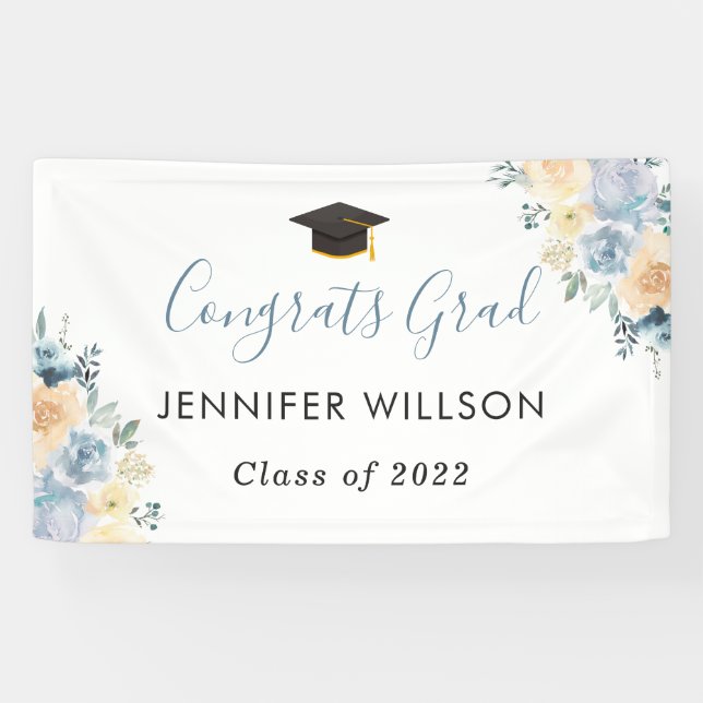 Banderoles Dusty Blue Floral Congrats Grad Grad Graduation Pa (Horizontal)