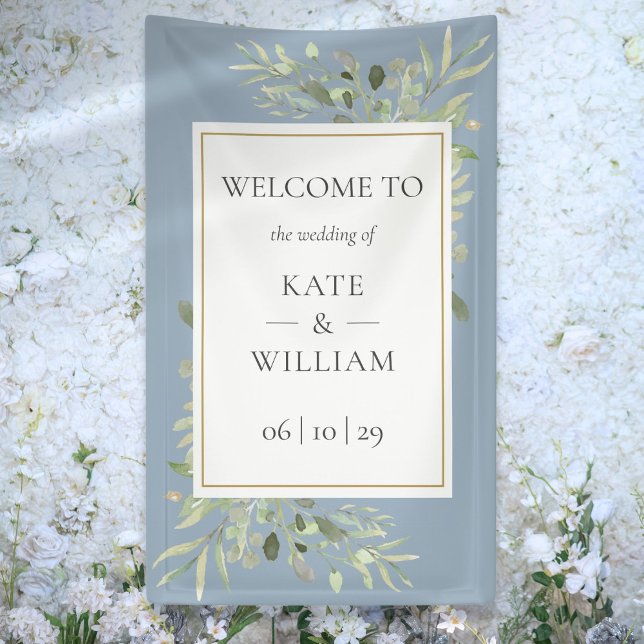 Banderoles Dusty Blue Greenery Botanical Mariage Affiche de b (Dusty Blue Greenery Botanical Wedding Welcome Sign)
